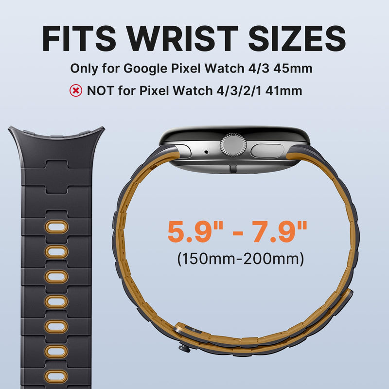 Bandletic Magnetic Silicone Band Compatible with Google Pixel Watch 4-1 | N54 Magnet Plus Pin Tuck, Stays on Arm During Hard Runs, Fits Pixel Watch 4/3 45mm, for Gym, Office or Date Night, Men Women Anthracite Gray/Ochre 45mm for Pixel Watch 4/3