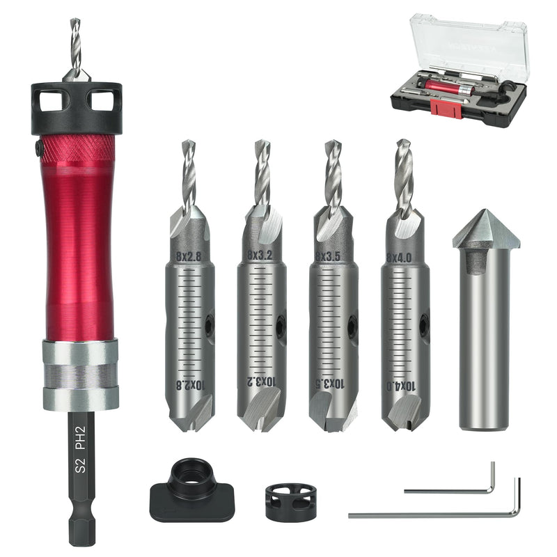 KEENTECH 10-in-1 Countersink Drill Bit Set with A Screwdriver Bit, 2.8/3.2/3.5/4.0 mm Drill Dia x 8/10 mm Countersink Dia, M2 HSS Countersink Bits for #4-#10 Screws, Chamfer Tool Includ Countersink Bits with Ph Bit
