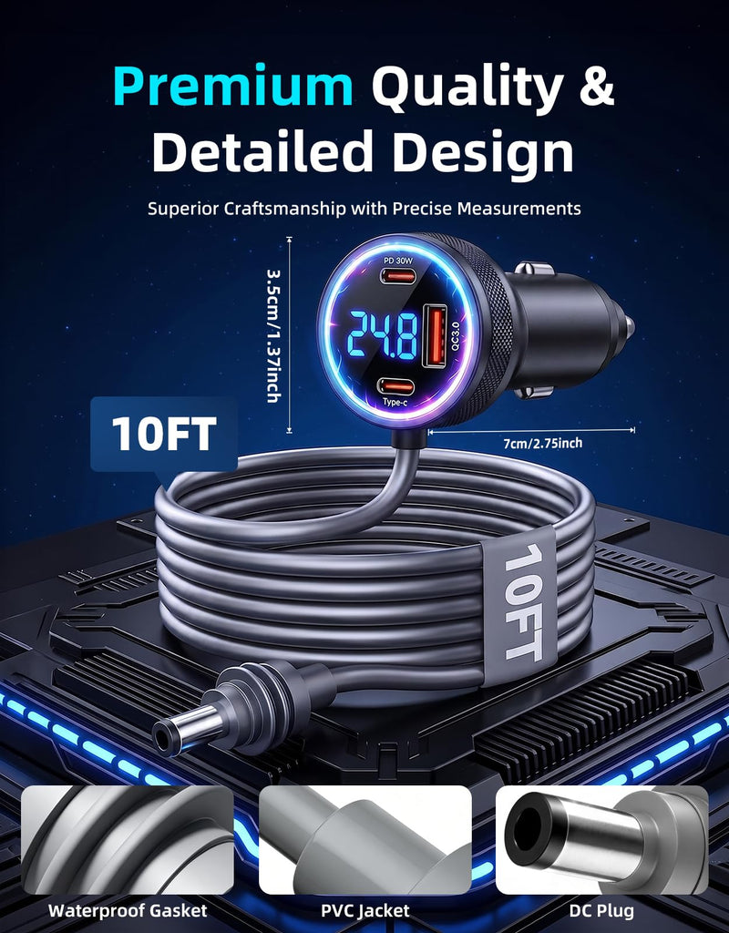 4-in-1 Starlink Mini Car Adapter, 10FT Starlink Mini Power Cable | 12V-24V cigarette lighter adapter with voltage display, dual 45W USB-C PD and 35W USB-A ports for cars, trucks and RVs Black
