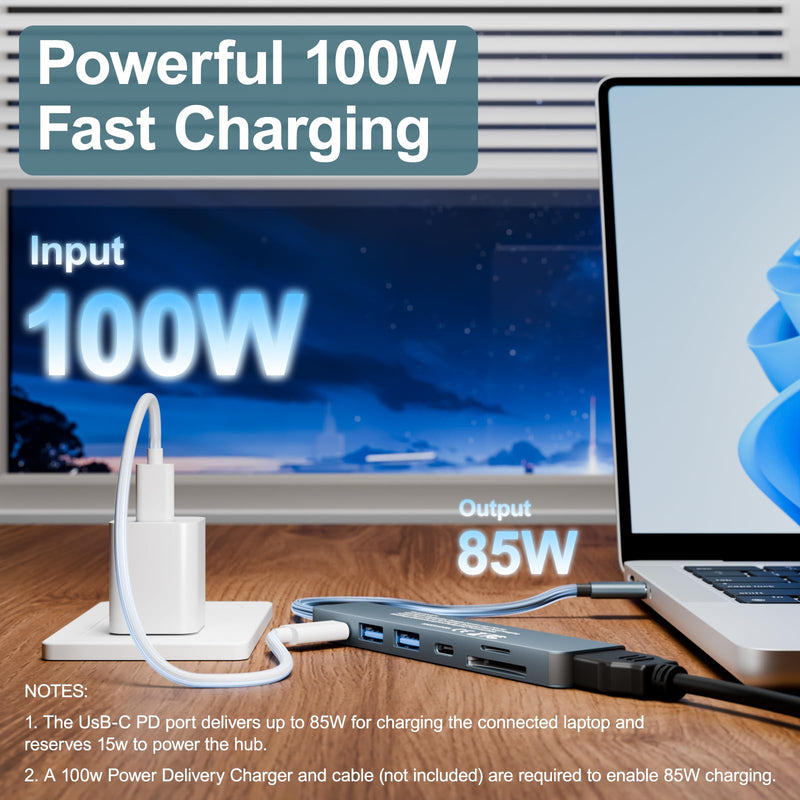USB C Hub for MacBook Dell HP ASUS, 7-in-1 USB-C Adapter with 4K HDMI Output/87W PD Fast Charging/5Gbps USB3.0/USB2.0/SD TF Card Reader-Compact USB-C Dongle for Business Trip Office Home