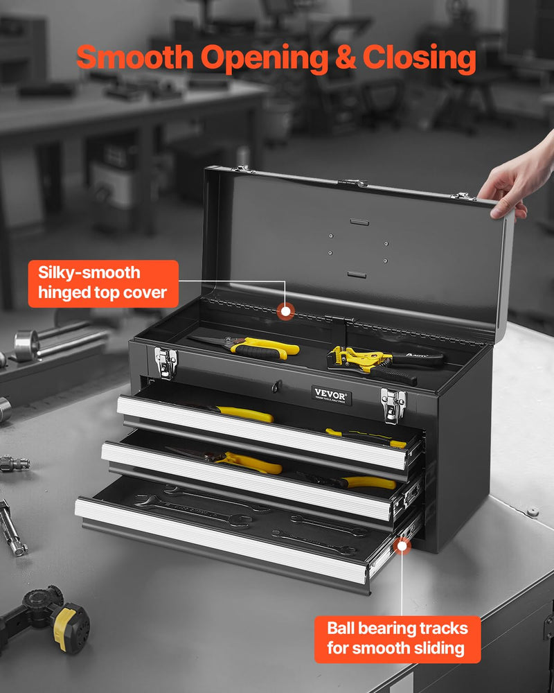 VEVOR Metal Tool Box, 20.5-inch, Portable Metal Tool Box with 3 Drawers, Small Tool Chest with EVA Liners, Ball Bearing Slide Drawers Locking & Powder Coated Finish, Multi-Function Tool Organizer Black-3 Drawer 20 in