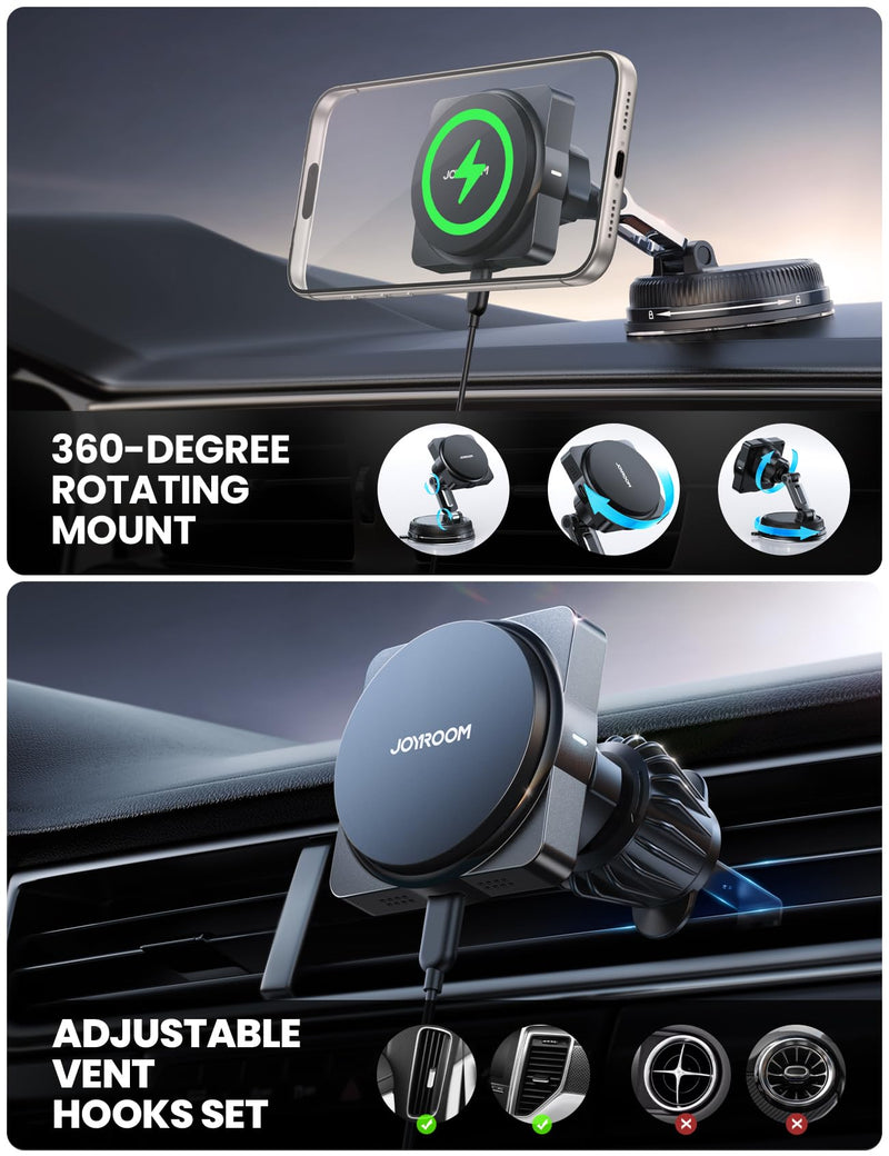 JOYROOM for MagSafe Car Mount Charger, [Smart Fingerprint-Touch Rotation] 15W MagSafe Wireless Car Charger[Vacuum & Gel 360° Base] Air Vent Dashboard Set for iPhone 17 16 15 14 13 12 Series, Black