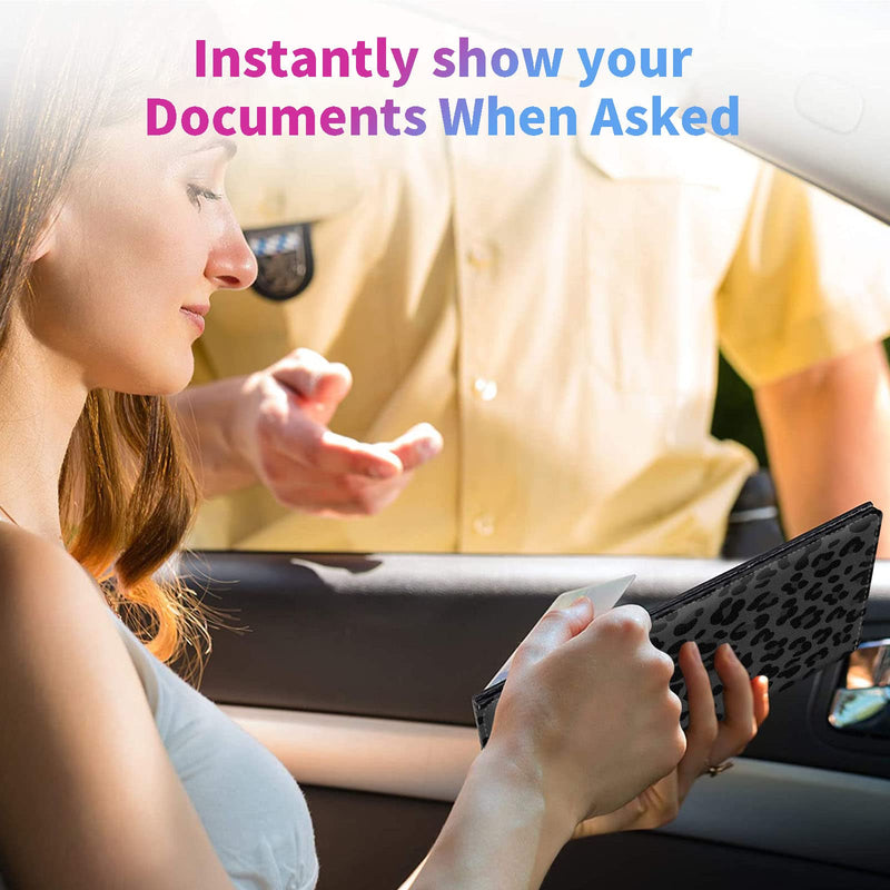 Car Registration and Insurance Holder,Leather Insurance License and Registration Card Holder for Car Glove Box, Auto Truck Document Holder Organizer for Men Women- Black leopard print