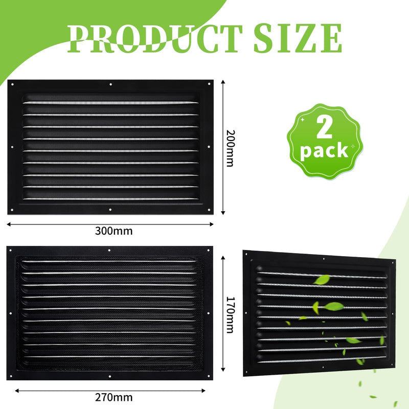 2 Pcs Attic Vent 8" X 12" Metal Shed Vents Louver Vent Grille Gable Vents with Screen Mesh for Indoor Outdoor Garage Attic Ceiling, Boost Ventilation and Guard Against Moisture (Black) Black