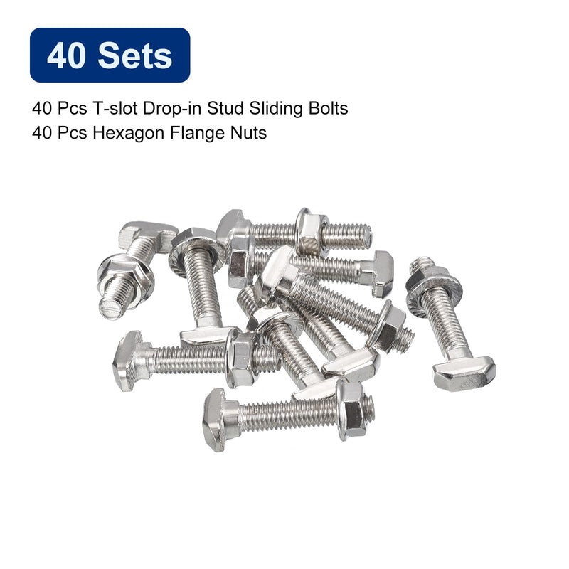 uxcell M8x40mm T Slot Drop-in Bolt and M8 Hexagon Flange Nut Set, 40 Sets Hammer Head T-Bolt T Shape Stud Sliding Screw for 40 Series Aluminum Profile