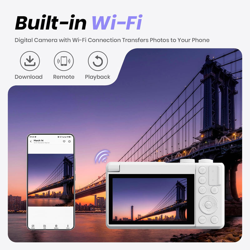 5K Digital Camera for Photography, 2026 Latest 80MP Autofocus WiFi Vlogging Camera for YouTube, 3'' 180° Flip Screen Compact Travel Camera for Beginners with 16X Zoom, 32GB TF Card, Flash (White) White