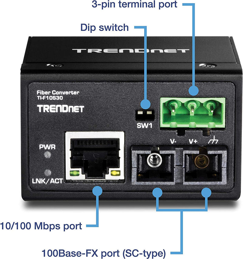 TRENDnet Hardened Industrial 100Base-FX Single-Mode SC Fiber Converter, (30 km, 18.6 Miles), IP40 Rated Housing, TI-F10S30,Lifetime Protection,Black 30 KM