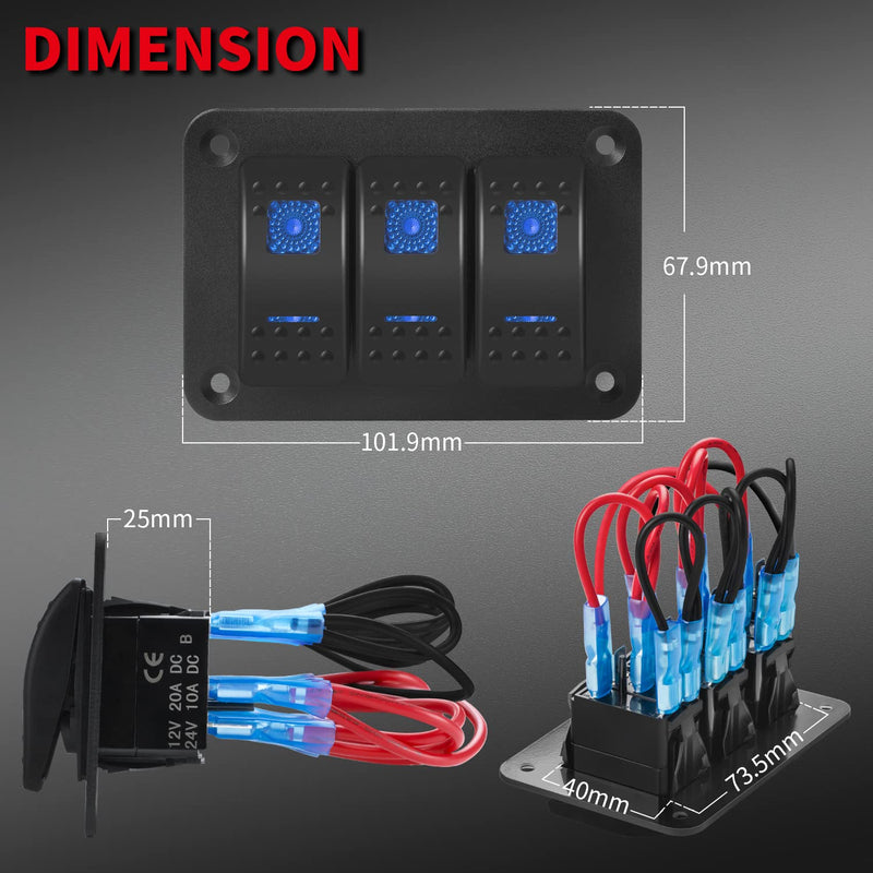 DaierTek Marine Switch Panel Waterproof 12V 3 Gang Rocker Switch Panel Blue LED Light Toggle Switch Aluminum Panel Pre-Wired for Car Truck Boat RV UTV ATV RZR
