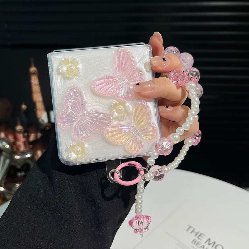 AuroiCYY for Samsung Galaxy Z Flip 8 Case with Chain, Cute 3D Pearl Bling Crystal Clear Sparkle Butterfly Floral Case for Women Girls Shockproof Soft Phone Cover with Wrist Strap for Z Flip8 5G, Pink