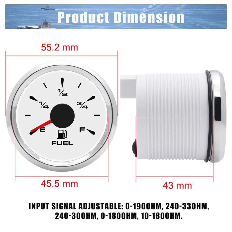 Geloo Marine Fuel Gauge 52mm Boat Gauge Digital Fuel Gauge Fuel Gas Tank Gauge Fuel Level Gauge Replacement 240-33ohm 0-190ohm Signal Adjustable with 8 Colors Backlight for Motorcycle Boat Car-White White & Sliver