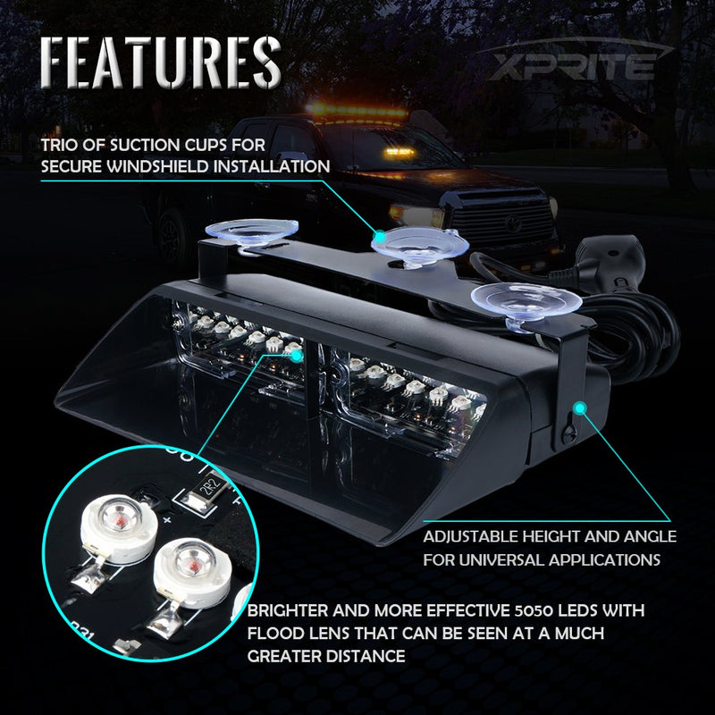 Xprite Red Blue LED Emergency Dash Strobe Light, Interior Windshield Safety Warning Police Lights w/Suction Cups, 12V Windshield Visor Light Bar for Police Law Enforcement Firefighter Vehicles Trucks