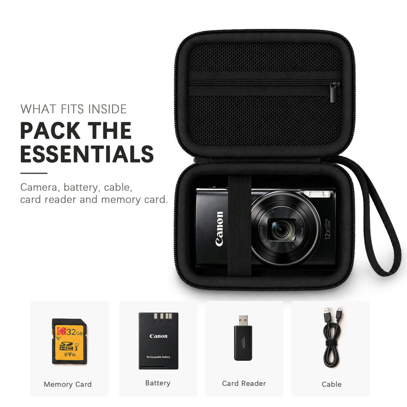 Case for Canon PowerShot ELPH 360 HS A/ 360 HS/ 360/ IXY 650 Digital Camera | Camera Carrying Case Storage Holder Protective Bag. Mesh Pocket Fits Battery Charger Memory Card Accessories. Black+ Black Black+Inside Black
