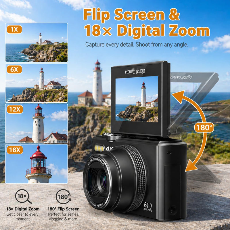 4K Digital Camera for Photography, 64MP Vlogging Camera for YouTube | Point and Shoot Camera with WiFi Sharing, 18X Digital Zoom, 3" 180° Flip Screen, 32GB Micro SD Card & 2 Batteries, Black