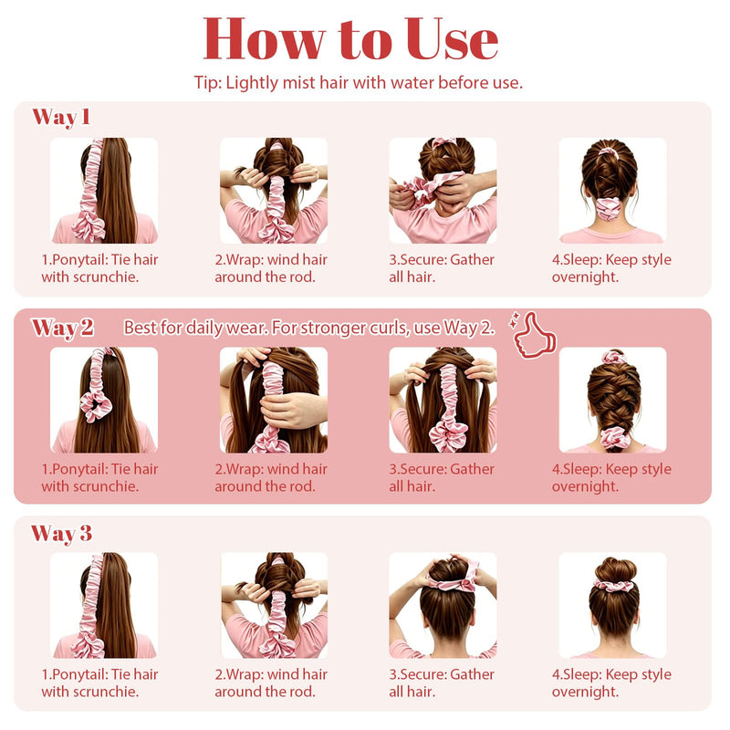 2 Pack 3-in-1 Satin Heatless Hair Curler Scrunchie with Extended Ruching | Heatless Curls Overnight, No Heat Hair Styling Rod with Built-in Hair Tie, Soft Sleep-In Curler for Long Hair, Pink+ Black