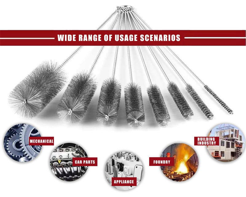 16 Inch Extra Long Pipe Cleaning Brush Set Stainless Steel Bristles, Stainless Steel Pipe Brush Steel Bottle Brush 8 Piece Variety Pack for Auto Parts, Bottles,Tubes, Etc. 16 Inch