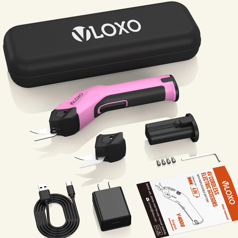 VLOXO Cordless Electric Scissors, 4V Rechargeable Power Scissors Cardboard Cutter with Replacement Blade/Battery Powerful Fabric Cutter for Carpet Plastic Leather(pink) Y4008