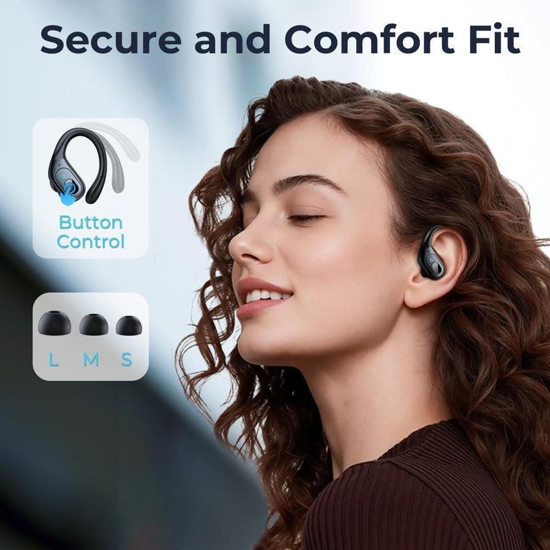occiam Active Noise Cancelling Earbuds Wireless Bluetooth Headphones | Ear Buds 90Hrs Playback Stereo Bass Earphones with Mic Over-Ear Hooks IPX7 Waterproof Headset for Sports Running Matte Black