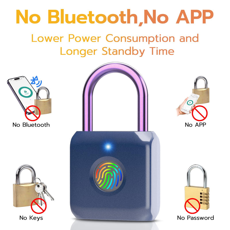 Pothunder Fingerprint Padlock, Smart Padlock, Locker Lock, Biometric Metal Keyless Fingerprint Lock, USB Rechargeable, for Gym Locker, Luggage, Backpack(Blue) Only Finger Blue