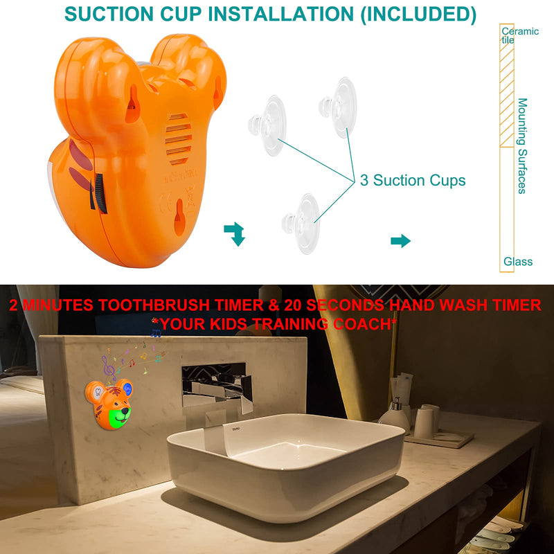 Musical Timer for Kids, Rechargeable Battery 2 Minute Toothbrush Timer and 20 Seconds Bathroom Hand Wash Timers with LED Color Light, 3 Volume Options Musical Timers for Children Tiger Shape Tiger Timer