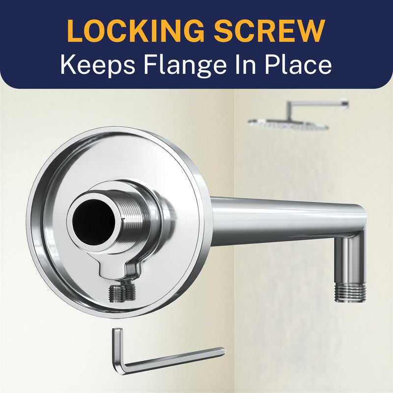 HammerHead Showers® Solid Metal 16 Inch Extended Shower Arm and Flange with Set Screw, Long Shower Arm, Extends Rain Shower Overhead, Wall-Mounted Rain Shower Arm, Chrome