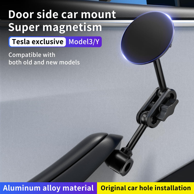 Magnetic Door Phone Mount for Tesla Model 3/Y 2021-2026, MagSafe Compatible Aluminum Alloy Phone Holder, 4D Adjustable, Strong Magnets, Factory Hole Install, No Drill, Includes Metal Ring