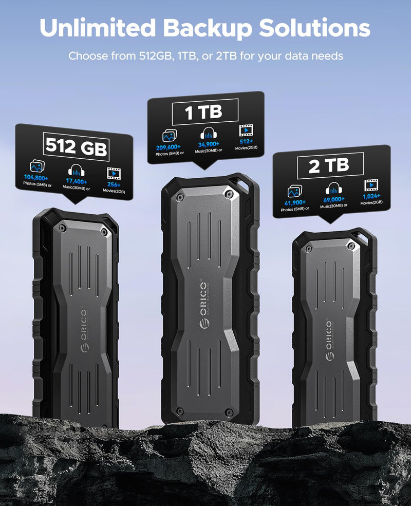 ORICO 1TB External SSD Up to 2000MB/s, Interface Extra Protection, Waterproof and Dust-Proof, Rugged and Reliable Outdoor Portable Solid State Drives for Action Camera, Smartphone, Laptop - O20
