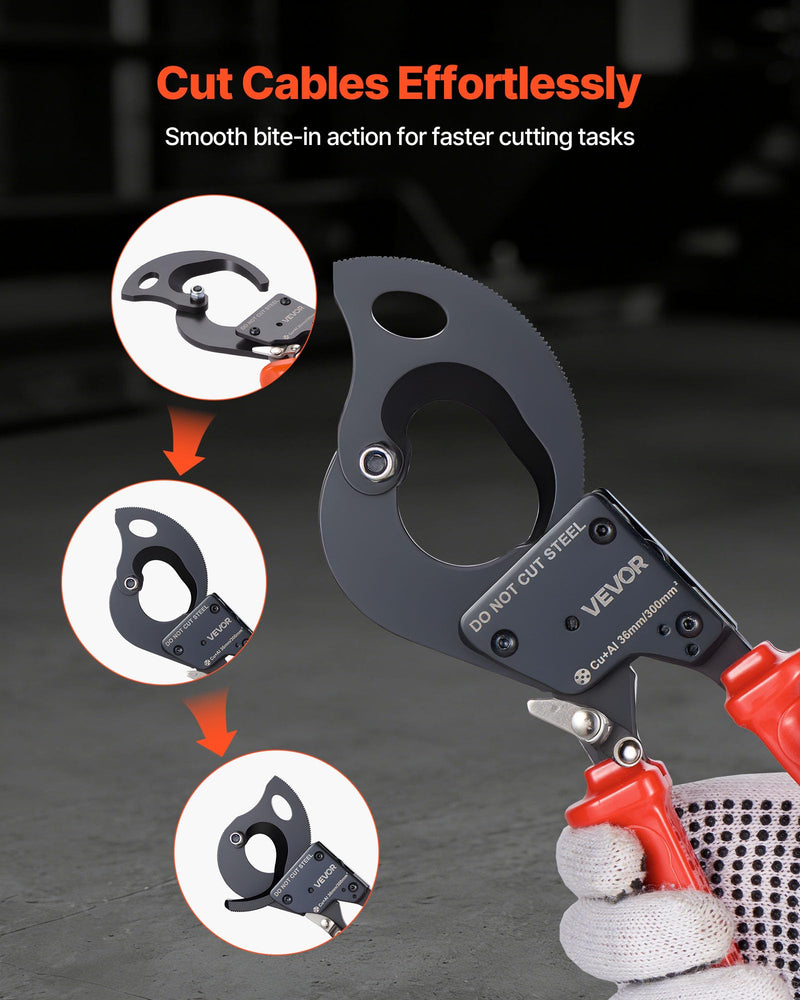 VEVOR Ratcheting Cable Cutter, Spring Steel Blades with PVC-Coated Handles, Quick-Release Button, Heavy Duty Ratchet Cable Wire Cutter for Cutting Copper & Aluminum Cables Up to 600 MCM / 300 mm² 11inch/600 MCM / 300 mm²