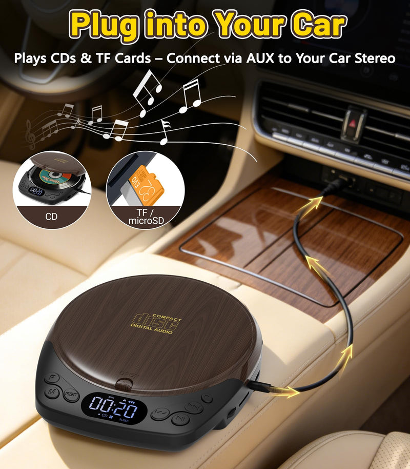 Gracioso Rechargeable Portable CD Player with Headphones for Car & Home | CD/MP3/Micro SD/AUX Out Supported, Retro CD Player, 60s Anti-Skip, Lock/Programmable/Timer, No Built-in Speakers (Walnut Walnut CD Player with 1200mAh Rechargeable Battery