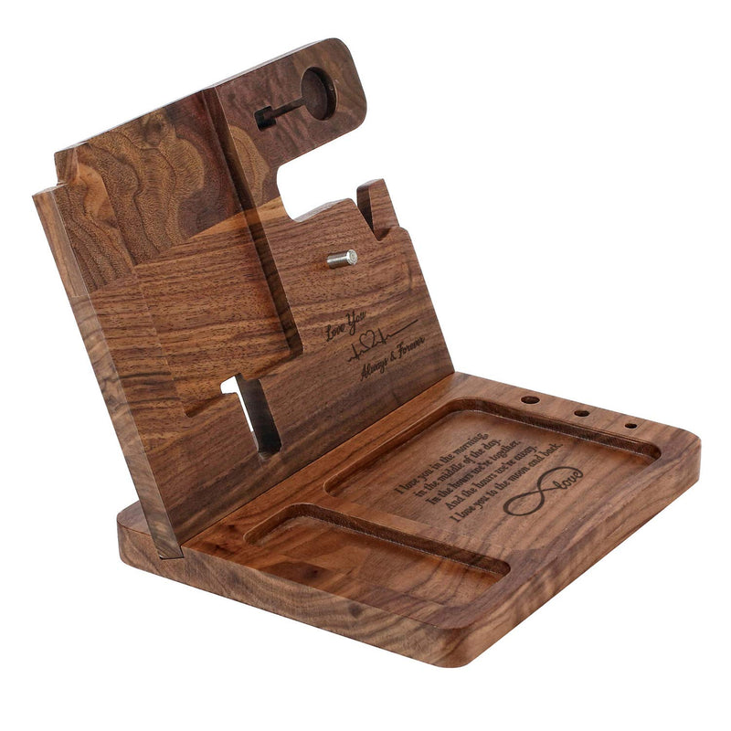 Wooden Phone Docking Station for Men - Engraved Nightstand Organizer, Phone Holder, Key, Wallet, Watch Stand, Christmas, Anniversary, Birthday Gifts for Boyfriend, Husband(Walnut) Brown Ebony Wood For Husband