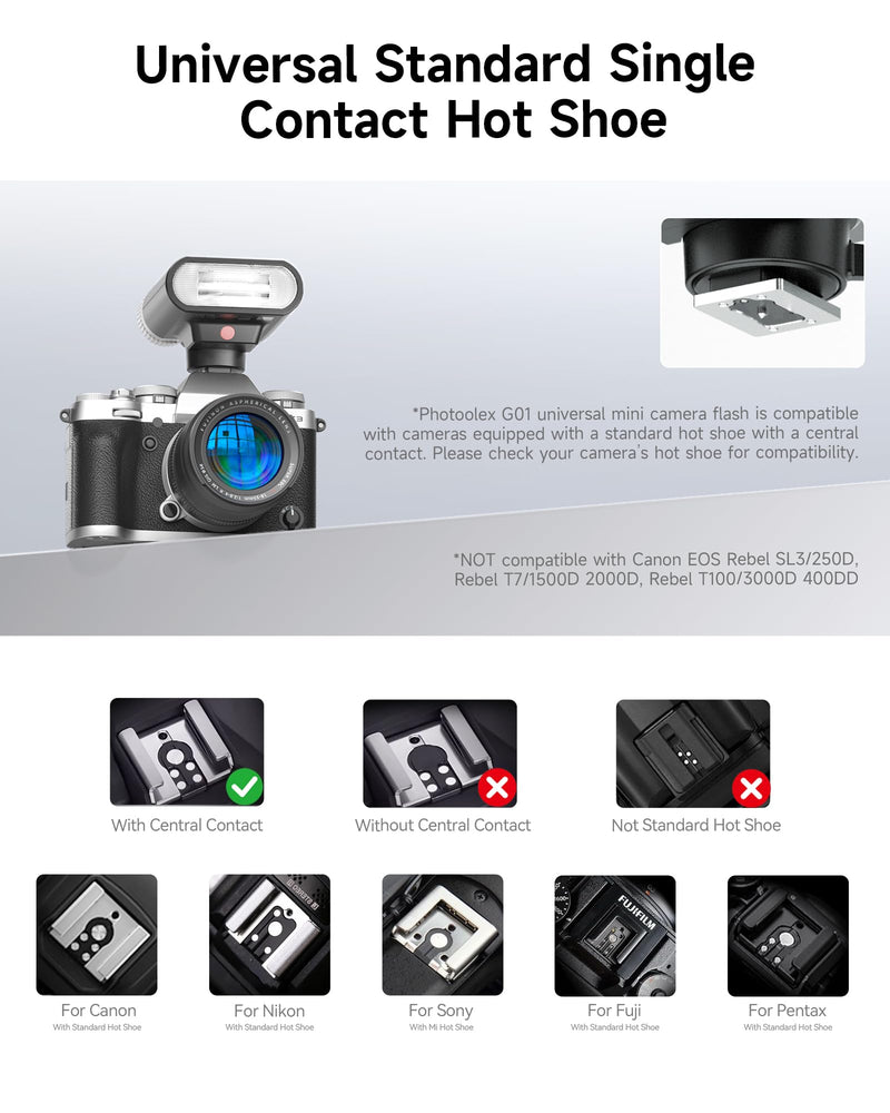 PHOTOOLEX G01 Mini Camera Flash GN16,10 Levels, 1.5s Recycle for Canon Sony | GN16 mini flash with 10 manual power levels. 1.5s recycle. Universal hot shoe fits Sony ZV-1, ZV-E10, Ricoh GR3, Fuji, Canon.