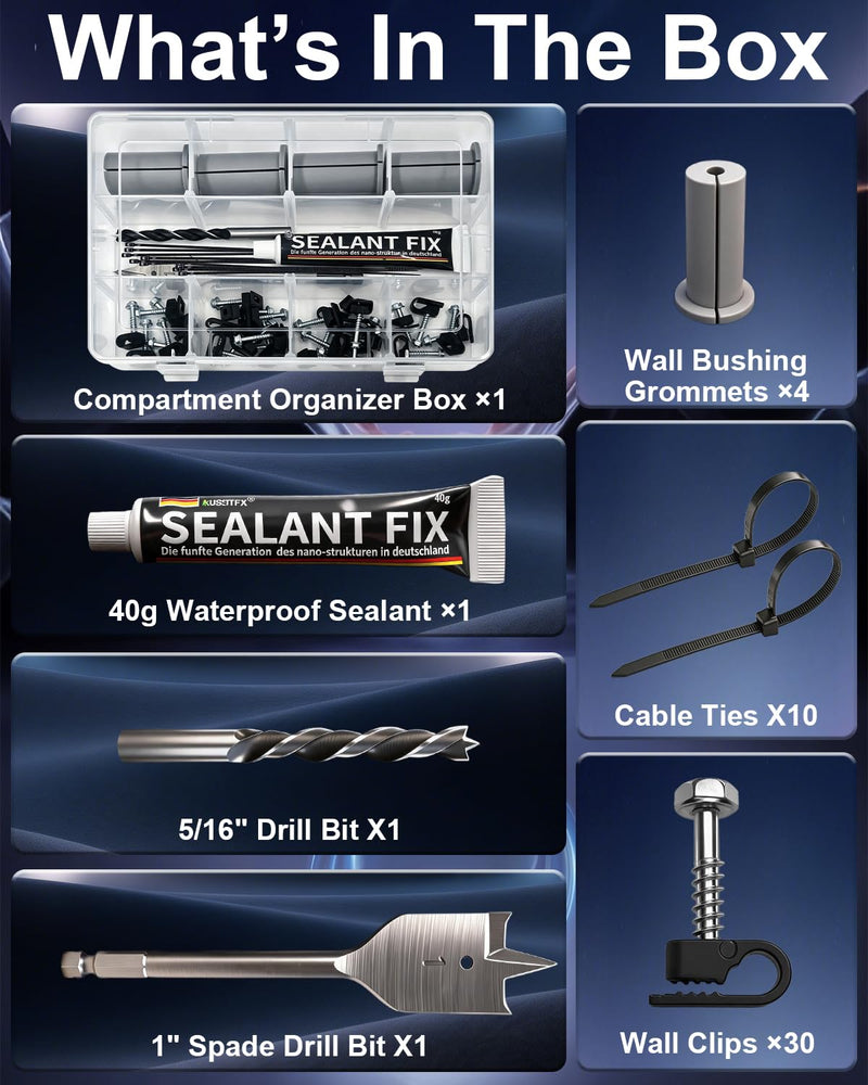 Starlink Cable Routing Kit Wall Pass Through Grommet Mounting Kit | Includes 1" Spade Bit & 5/16" Bit, wire clips and cable ties. Fits Starlink Gen 2/3 & Mini Dish for Ethernet installation