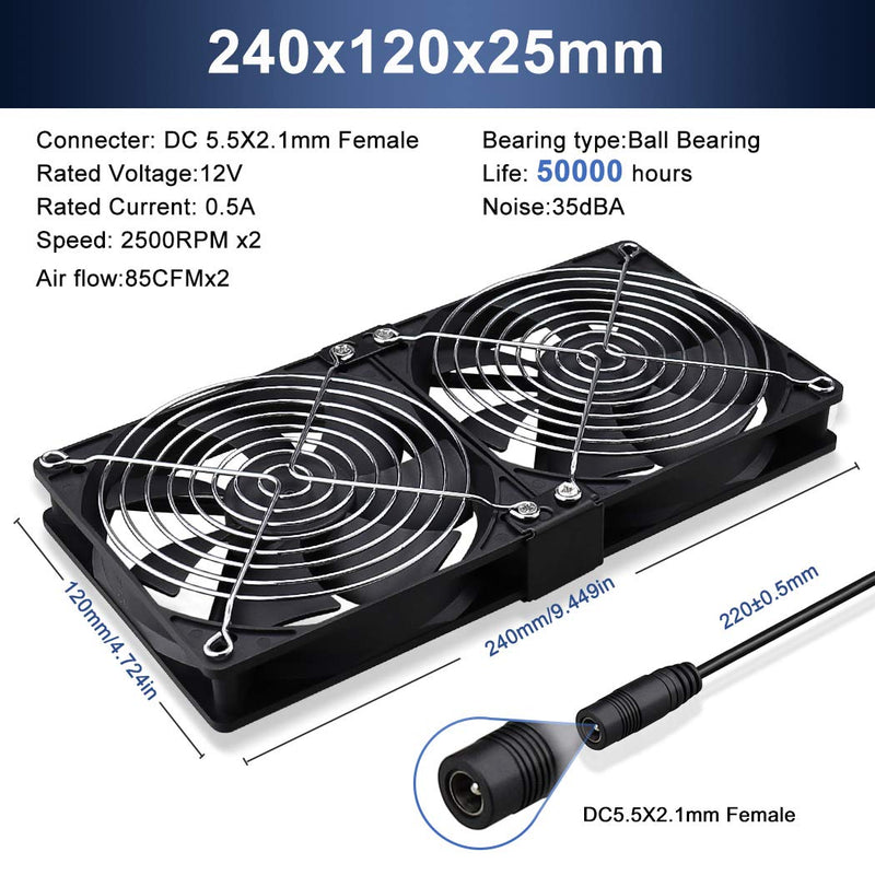 Wathai 2 x 120mm 240mm Computer Fan with AC Plug Cabinet Fan 110V 240V | Dual Ball Big Airflow 12V Cooling Fan with Variable Speed Control for External PC Case Cooling computer cabinet vent 2x120mm fan
