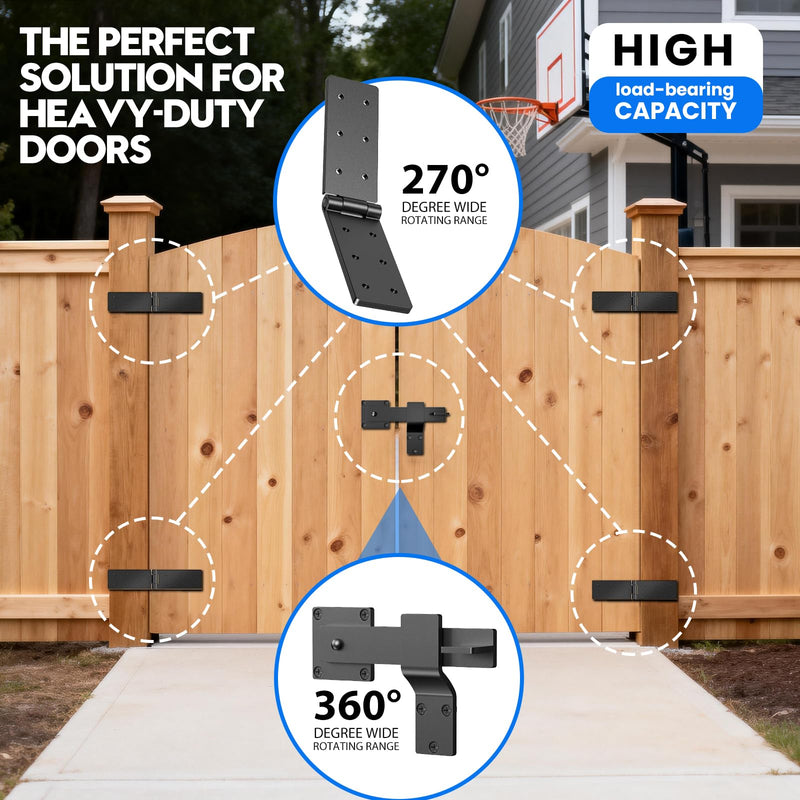 Fence Gate Hinges and Latch Set Heavy Duty -Black 270 Degree Strap Hinge & Adjustable Latch Kit for Outdoor,Garden,Backyard,Barn,Shed Wood Doors -Rust-Resistant Farm Gate Hardware with Screws 1