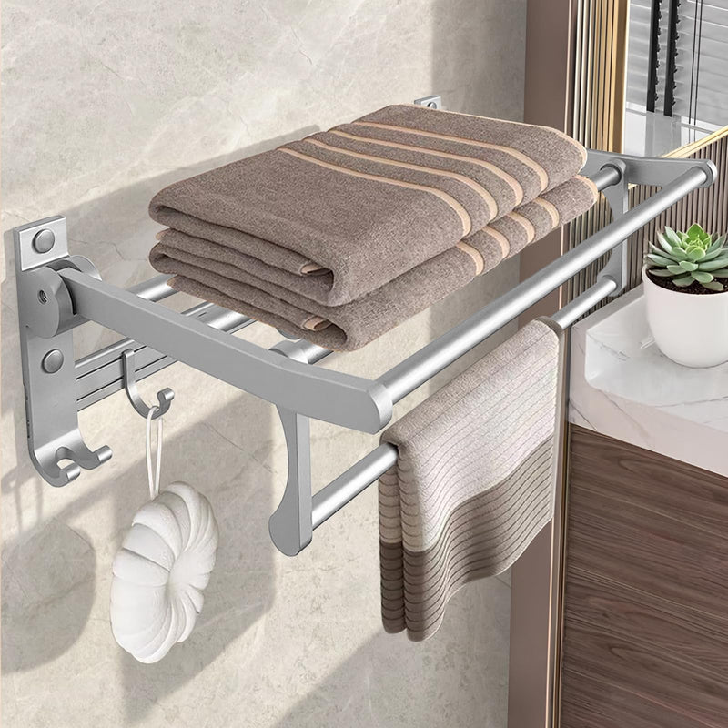 Jahof Fodable Towel Rack 24 inch, Wall Mounted Towel Bar with Hooks, Space Aluminum Towel Holder for Bathroom, Lavatory (60cm, Silvery)
