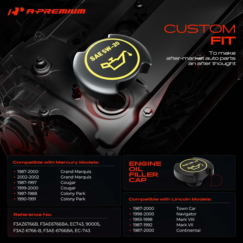 A-Premium Engine Oil Filler Cap Oil Cap Fit For Ford Lincoln Mercury Models - F-150, F-250, F-350, Explorer, Mustang, Ranger, Taurus, Expedition, Bronco, E-150, Navigator, # 90005 F3AZ-6766-B EC-743