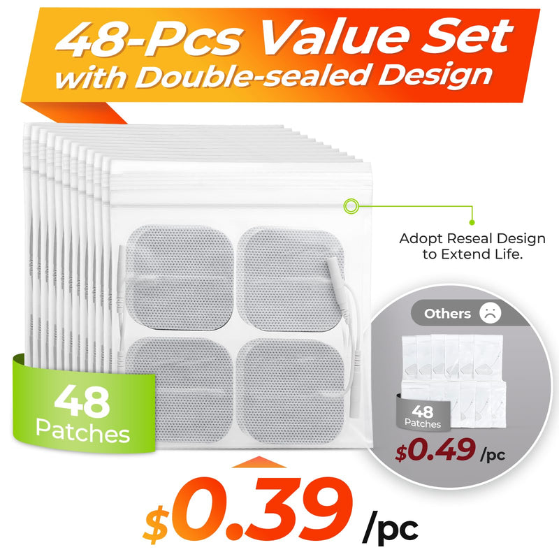 AUVON TENS Unit Electrode Pads 2"x2" 48 Pcs Value Pack, Reusable Latex-Free TENS Unit Pads with Upgraded Self-Adhesion, Non-Irritating Replacement Pads Compatible with TENS 7000, Etekcity, Nicwell A White