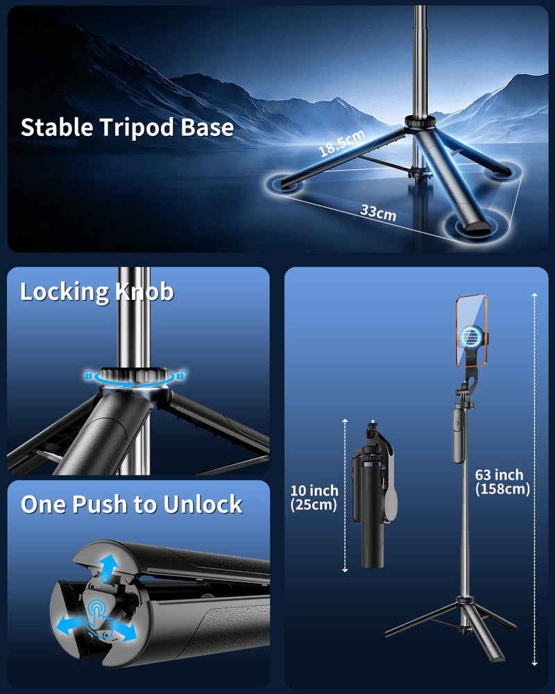 Vlogging Kit for iPhone,63" Magnetic Tripod for iPhone with 2 Light & 2 Mic | Magnetic Selfie Stick Phone Tripod with Light for Content Creator Essentials/YouTube Starter Kit/TikTok/Video Recording/Live