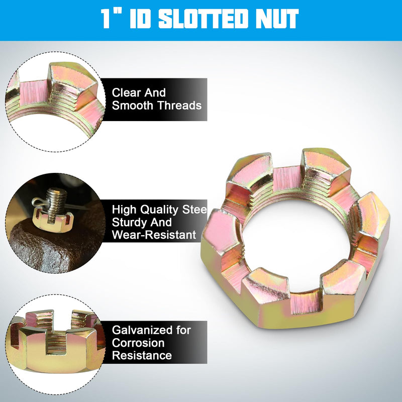 2 Sets of Thread Spindle Galvanized Nut Kits for 1" Spindle Trailer Axle,1inch Trailer Spindle Castle Nuts Kit with 1" Washers and 2.3" Long Cotter Pins. 2 Sets 1'' Trailer Axle Nut Kit