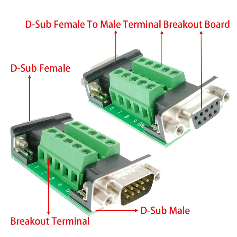 DB9 Female and Male Connector in One Breakout Board,RS232/RS485/CAN/RS422 with DB9 Connector to Terminal Board Signal Module(2pcsDB9 Female/Male) DB9Female/Male-TerminalBoard_2 Packs