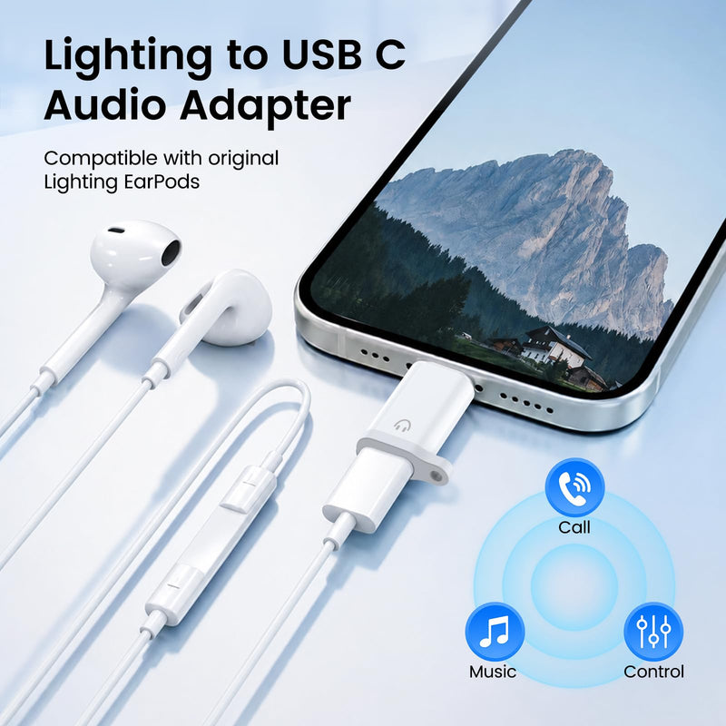 Lightning to USB-C Adapter Audio for Headphones, 2 Pack USB-C Male to Lightning Female Earbuds Adapter with Mic & Line Control, No Charging/Data, Compatible with iPhone 15/16/17, iPad, USB-C Devices