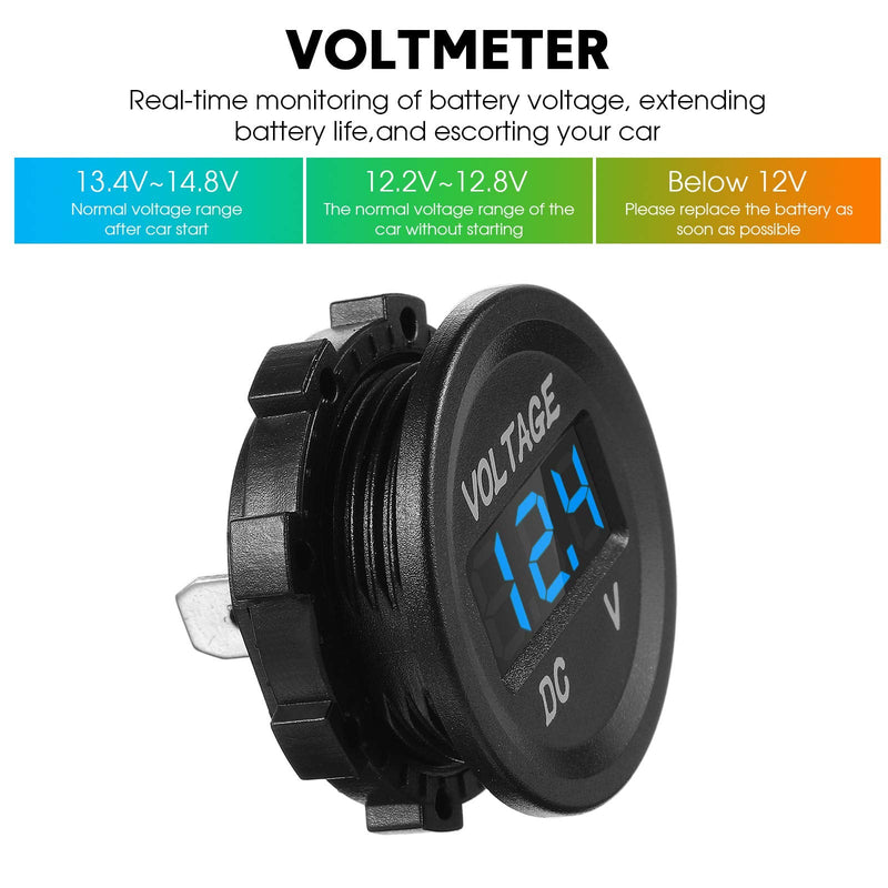 Frienda 4 Pieces DC 12V Car Voltage Gauge LED Display Waterproof Voltmeter Digital Round Panel Voltmeter Compatible with Vehicle Motorcycle Truck Camper Caravan ATV UTV Car Boat (Blue) Blue