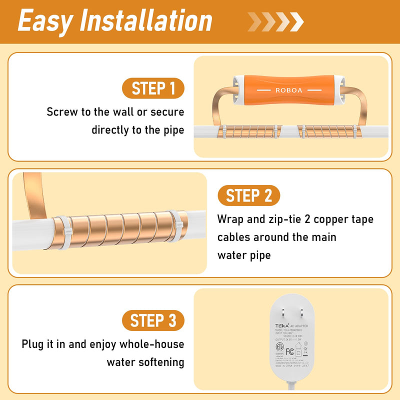 Whole House Capacitive Electronic Water Descaler, Alternative Electronic Salt-Free Hard Water Conditioner, Reduces Limescale Prevents Deposits Build-Up, Different from a Water Softener