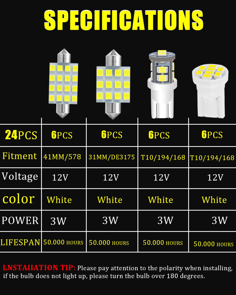 24 Pieces Car interior led lights Dome Light Kit Set, Super Bright White T10 194 578 41mm DE3175 31mm LED Bulb Replacement for Car Indoor Map License Plate Door Side Marker Trunk Light