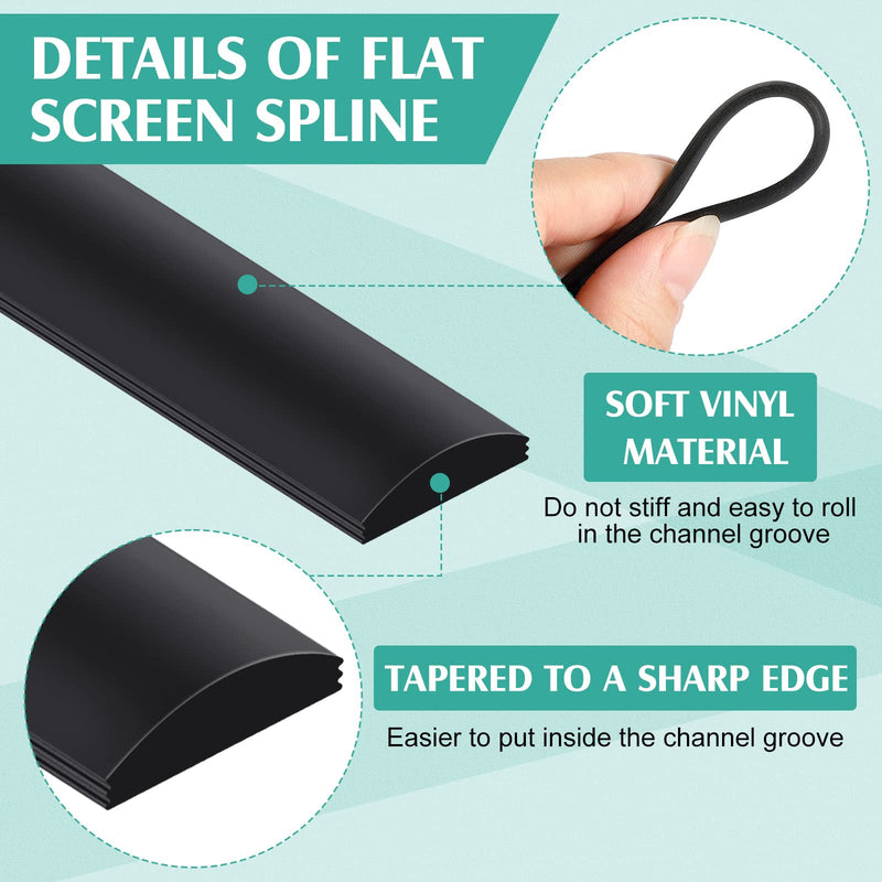 Yaomiao 0.29'' Width Flat Screen Spline Black Vinyl Screen Spline Flat Bottom and Curved Top Edge Window Screen Spline for Replace Glass Screen on Windows or Patio Screen Doors, 0.092 Thick (150ft) 150ft