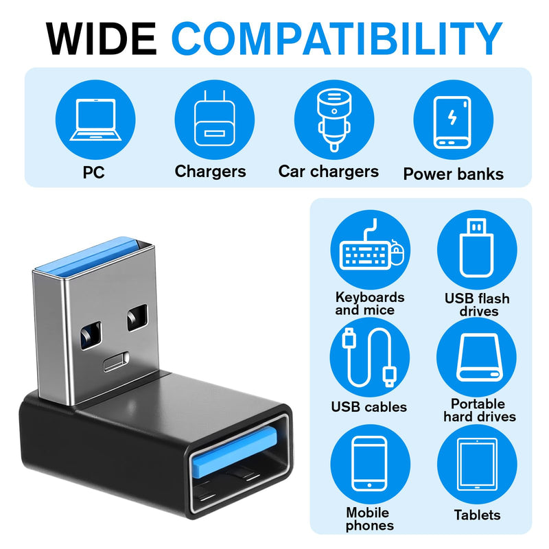 2 Pack USB3.1 Type A Male to USB-A Female Adapter, Angle USB A Male to Female Converters, Up and Down Angle 90 Degree Fast Charging Converter OTG for PC, Laptop, Power Bank and More