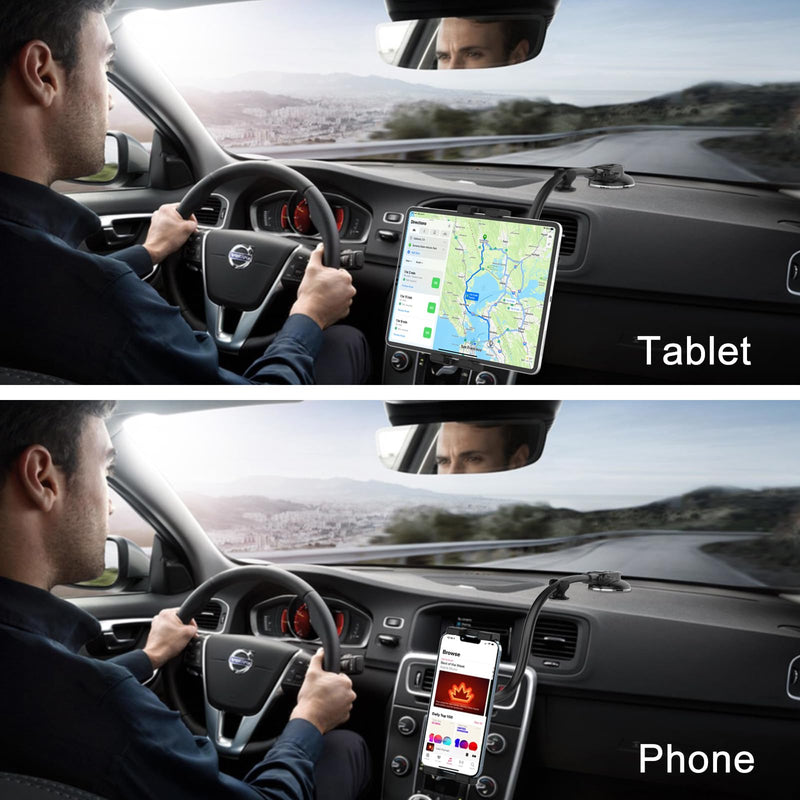 Car Dashboard Tablet Mount, Vehicle Dash iPad Holder, Gooseneck Long Arm Stand with Strong Sticky Gel Suction Cup for iPad Pro 12.9 11/ Air/Mini, Galaxy Tabs Z Fold, More 4-13" Phone & Tablets