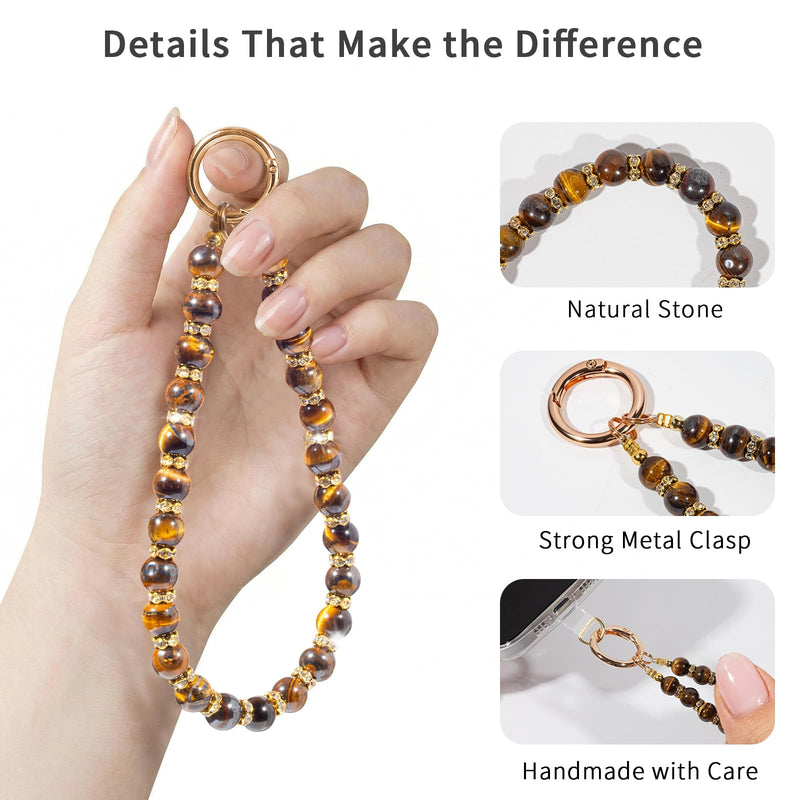 Natural Stone Phone Wrist Strap, Cell Phone Charm Bracelet Wristlet | Brown & Gold Beaded Phone Lanyard with Tether Tab for Women Men Daily Use, Strong Wire, Anti-Drop, Chain for Phone, Keychain Minimal Earth Brown Stone