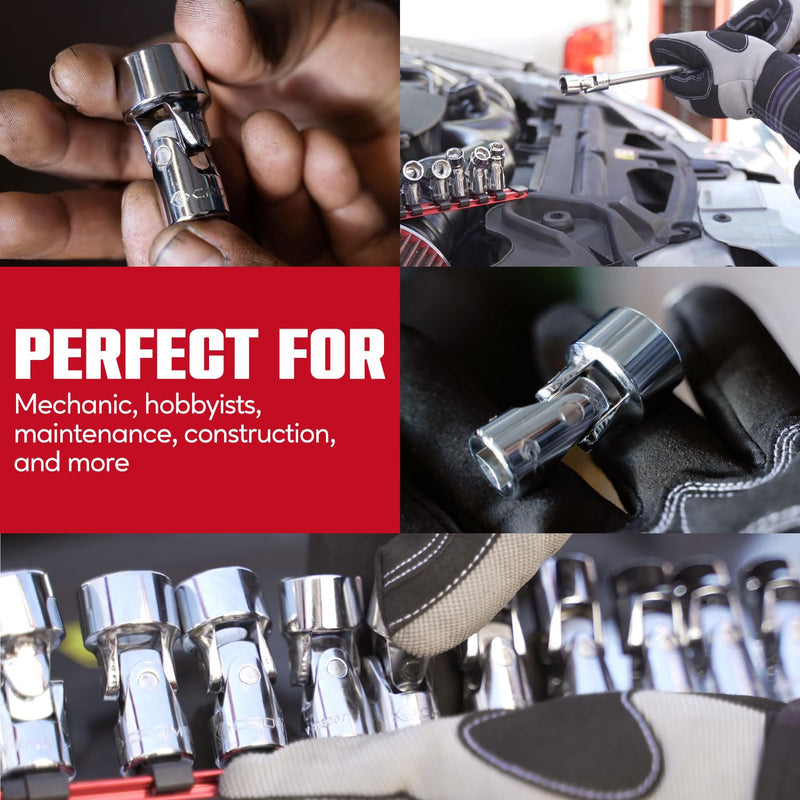 CROM Universal Flex Socket Set - 1/4 Inch Drive 6-Point 12-Piece Swivel Socket Set from 5mm to 15mm Metric - Swivel Joint for Easier Access to Tight Spaces - Aluminum Storage Rail Included 1/4" Dr. - 12PCS - Metric