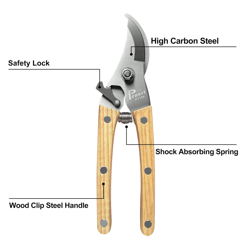 Pruning Shears for Gardening - 7.5" Hand Pruners with High Carbon Steel Blade, 5/8" Cutting Capacity, Ergonomic Wood-Inlaid Steel Handles, Safety Lock & a Spring Included - Garden Clippers