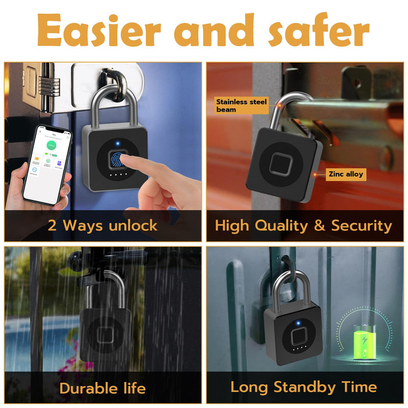 Pothunder Fingerprint Lock With APP, Steel Cable Keyless Biometric Padlock, Smart Waterproof for Gym, Locker, Helmet, Gate, Fence, Luggage Black with Cable